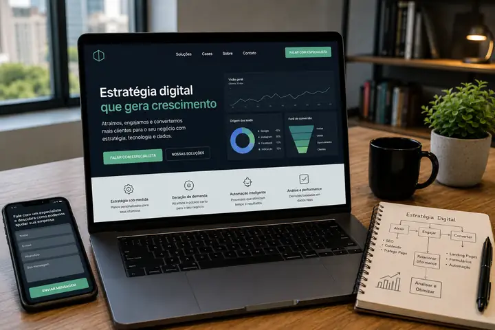 Estação de trabalho genérica com site em tons verde e azul-petróleo, painel de desempenho e mapa de estratégia digital